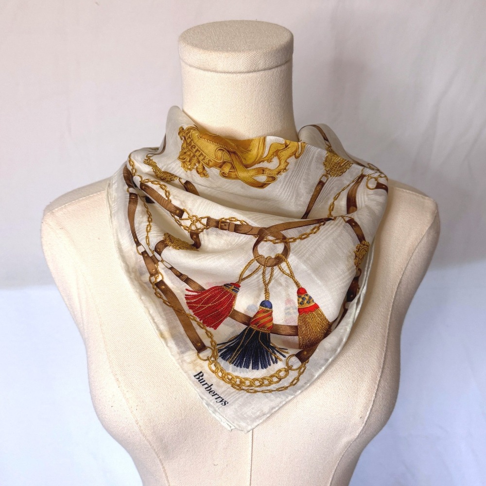 Vintage Burberrys of London Silk Scarf Equestrian Crest Tassel Chain‎ White Gold
